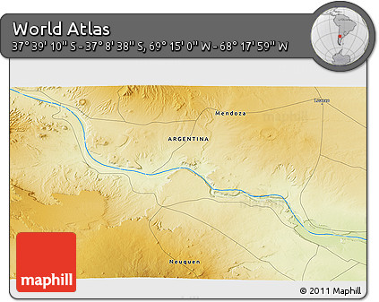 Physical 3D Map of the Area around 37° 23' 54" S, 68° 46' 30" W