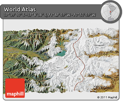 Satellite 3D Map of the Area around 37° 23' 54" S, 71° 19' 29" W