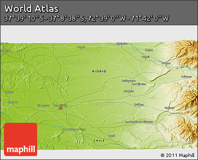 Physical 3D Map of the Area around 37° 23' 54" S, 72° 10' 30" W
