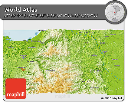Physical 3D Map of the Area around 37° 23' 54" S, 73° 1' 30" W
