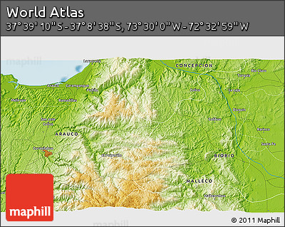 Physical 3D Map of the Area around 37° 23' 54" S, 73° 1' 30" W