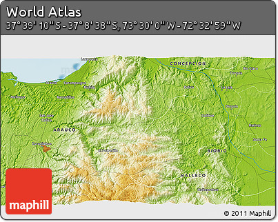 Physical 3D Map of the Area around 37° 23' 54" S, 73° 1' 30" W
