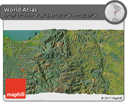 Satellite 3D Map of the Area around 37° 23' 54" S, 73° 1' 30" W