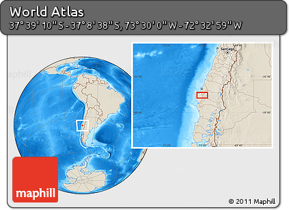 Shaded Relief Location Map of the Area around 37° 23' 54" S, 73° 1' 30" W