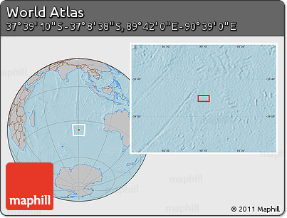 Gray Location Map of the Area around 37° 23' 54" S, 90° 10' 30" E, hill shading