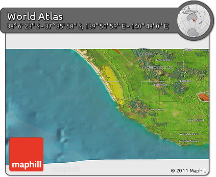 Satellite 3D Map of the Area around 37° 51' 10" S, 140° 19' 29" E