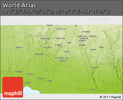 Physical 3D Map of the Area around 37° 51' 10" S, 143° 43' 29" E
