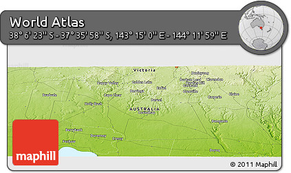 Physical Panoramic Map of the Area around 37° 51' 10" S, 143° 43' 29" E