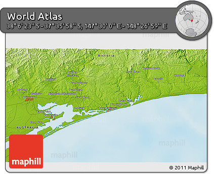 Physical 3D Map of the Area around 37° 51' 10" S, 147° 58' 29" E