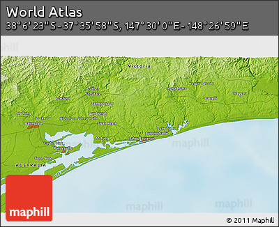 Physical 3D Map of the Area around 37° 51' 10" S, 147° 58' 29" E