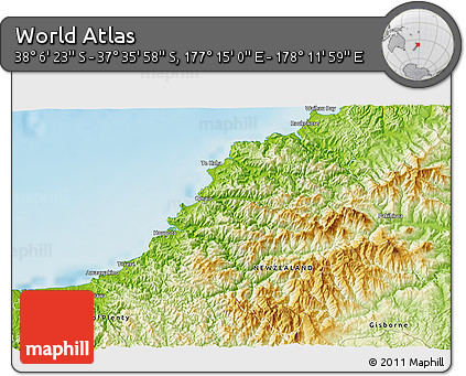 Physical 3D Map of the Area around 37° 51' 10" S, 177° 43' 29" E