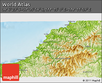 Physical 3D Map of the Area around 37° 51' 10" S, 177° 43' 29" E