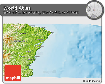 Physical 3D Map of the Area around 37° 51' 10" S, 178° 34' 29" E