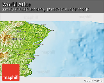 Physical 3D Map of the Area around 37° 51' 10" S, 178° 34' 29" E