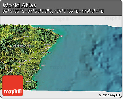 Satellite 3D Map of the Area around 37° 51' 10" S, 178° 34' 29" E