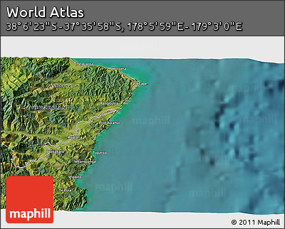 Satellite 3D Map of the Area around 37° 51' 10" S, 178° 34' 29" E