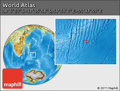 Physical Location Map of the Area around 37° 51' 10" S, 55° 19' 30" E