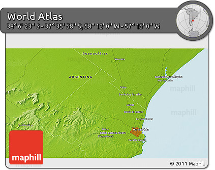 Physical 3D Map of the Area around 37° 51' 10" S, 57° 43' 30" W