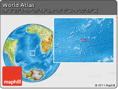 Physical Location Map of the Area around 37° 51' 10" S, 5° 1' 30" W