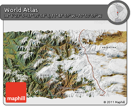 Satellite 3D Map of the Area around 37° 51' 10" S, 71° 19' 29" W