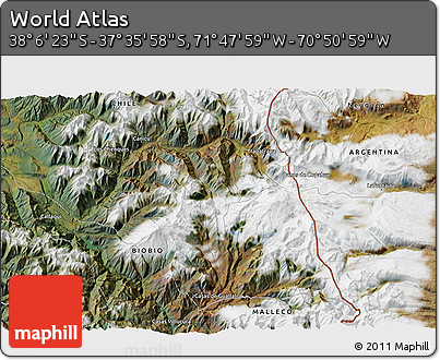 Satellite 3D Map of the Area around 37° 51' 10" S, 71° 19' 29" W