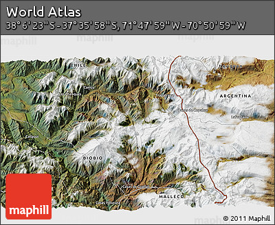 Satellite 3D Map of the Area around 37° 51' 10" S, 71° 19' 29" W