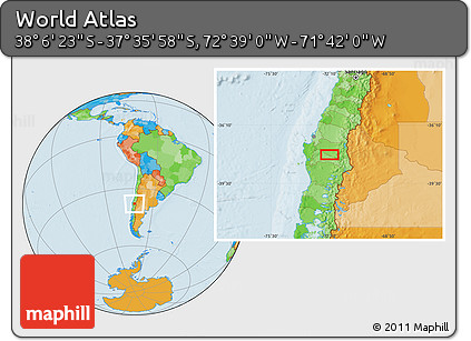 Political Location Map of the Area around 37° 51' 10" S, 72° 10' 30" W