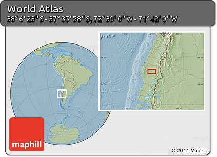 Savanna Style Location Map of the Area around 37° 51' 10" S, 72° 10' 30" W, hill shading