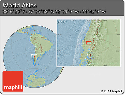 Savanna Style Location Map of the Area around 37° 51' 10" S, 72° 10' 30" W, hill shading