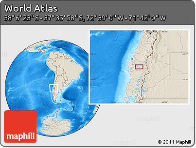 Shaded Relief Location Map of the Area around 37° 51' 10" S, 72° 10' 30" W