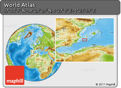 Physical Location Map of the Area around 38° 9' 19" N, 0° 55' 29" E