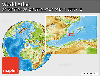 Physical Location Map of the Area around 38° 9' 19" N, 0° 55' 29" E