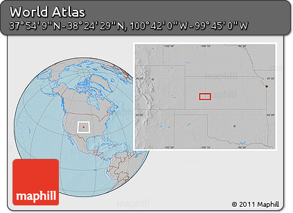 Gray Location Map of the Area around 38° 9' 19" N, 100° 13' 29" W, hill shading