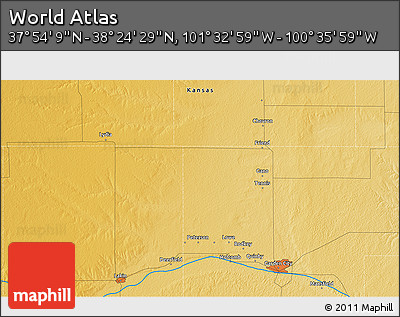 Physical 3D Map of the Area around 38° 9' 19" N, 101° 4' 29" W