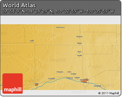 Physical 3D Map of the Area around 38° 9' 19" N, 101° 4' 29" W