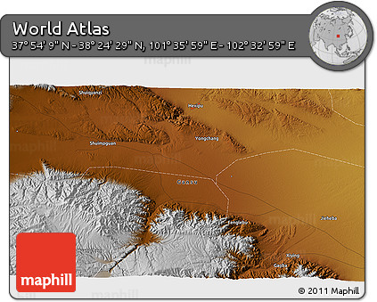 Physical 3D Map of the Area around 38° 9' 19" N, 102° 4' 29" E