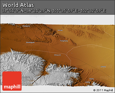 Physical 3D Map of the Area around 38° 9' 19" N, 102° 4' 29" E