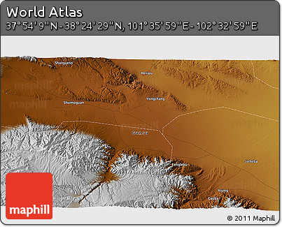 Physical 3D Map of the Area around 38° 9' 19" N, 102° 4' 29" E