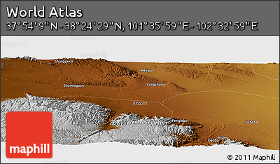 Physical Panoramic Map of the Area around 38° 9' 19" N, 102° 4' 29" E
