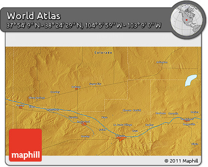Physical 3D Map of the Area around 38° 9' 19" N, 103° 37' 30" W