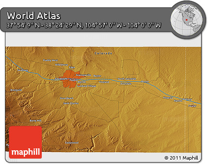 Physical 3D Map of the Area around 38° 9' 19" N, 104° 28' 29" W