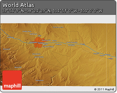 Physical 3D Map of the Area around 38° 9' 19" N, 104° 28' 29" W