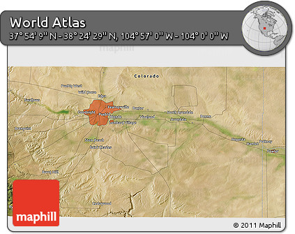 Satellite 3D Map of the Area around 38° 9' 19" N, 104° 28' 29" W