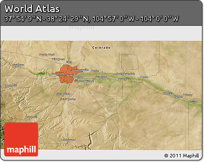 Satellite 3D Map of the Area around 38° 9' 19" N, 104° 28' 29" W