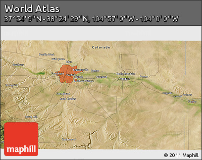 Satellite 3D Map of the Area around 38° 9' 19" N, 104° 28' 29" W