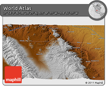 Physical 3D Map of the Area around 38° 9' 19" N, 105° 19' 29" W