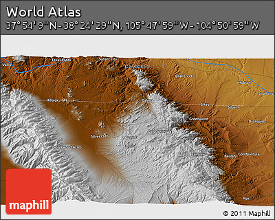 Physical 3D Map of the Area around 38° 9' 19" N, 105° 19' 29" W
