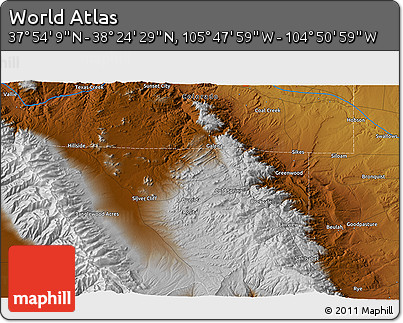 Physical 3D Map of the Area around 38° 9' 19" N, 105° 19' 29" W