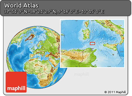 Physical Location Map of the Area around 38° 9' 19" N, 10° 16' 30" E
