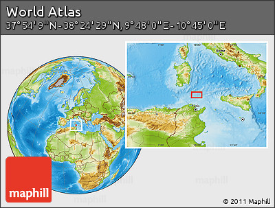 Physical Location Map of the Area around 38° 9' 19" N, 10° 16' 30" E